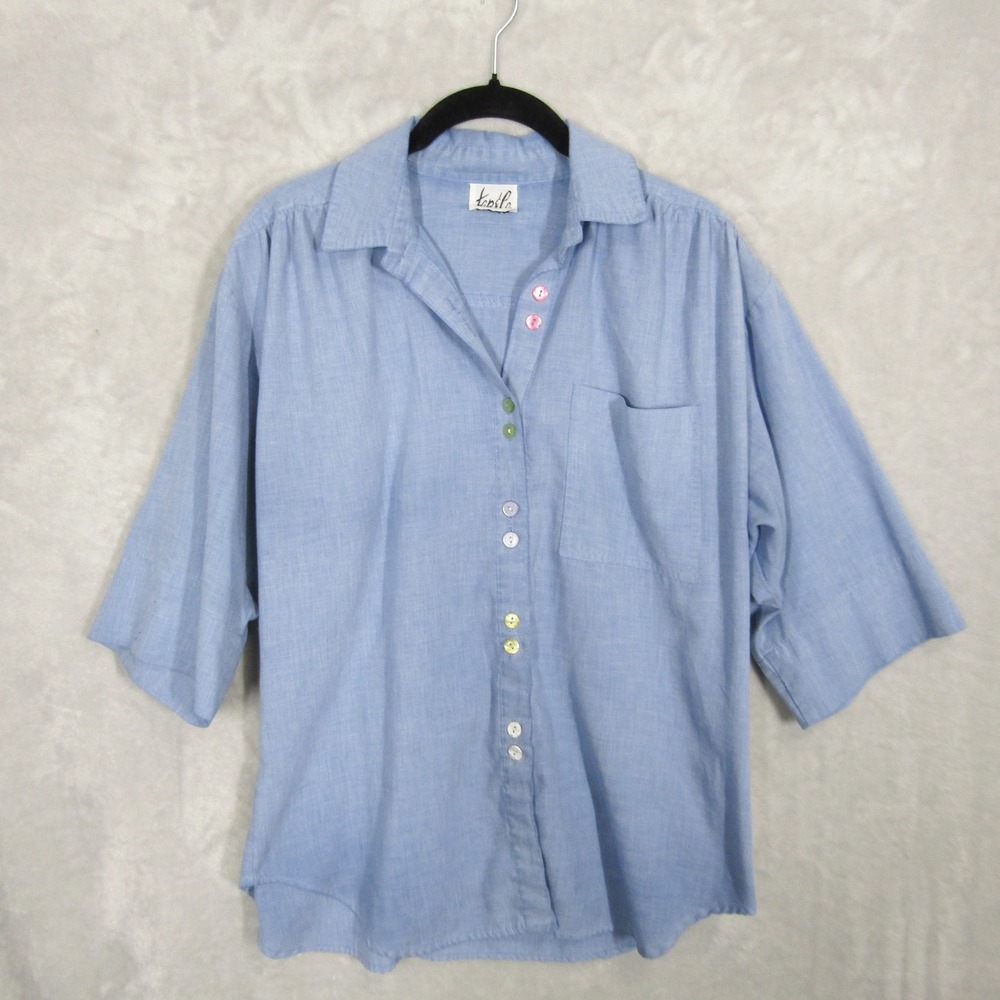 Tap&Co Women's Blue Button Down Shirt 1/2 Sleeve Vintage Pocket Colorful Buttons